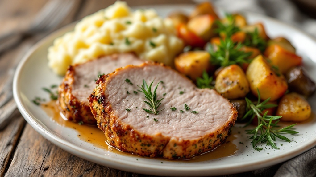 Savory Herb-Crusted Pork Tenderloin Recipe Sliced herb-crusted pork tenderloin on a plate with vegetables and potatoes, garnished with herbs.